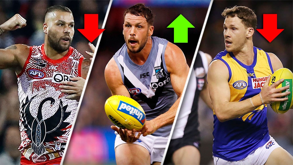 Player-Ratings-Movers-Sliders-2019_arrows.jpg Lance Franklin, Travis Boak and Jack Redden are all among this year's biggest form risers and sliders - AFL,Player Ratings